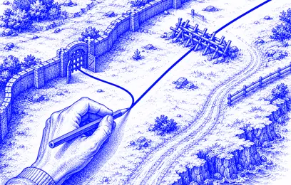 A map bounded by walls, gates and one pencilled line.