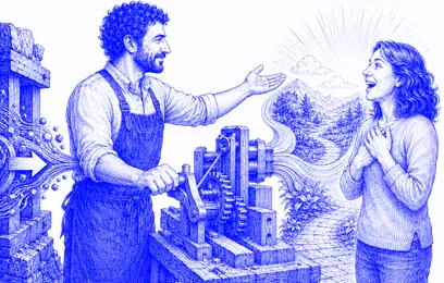 Pete presents the human outcome of a workshop mechanism to a visibly delighted customer.