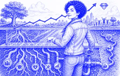 Ruth points through a planning table to the causal roots beneath a visible growth line.