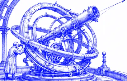 A guide aligns a vast spiral navigation instrument toward the next aim.